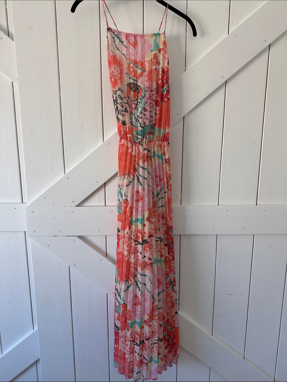 H&M Floral Pleated Maxi Dress in Coral and Pink